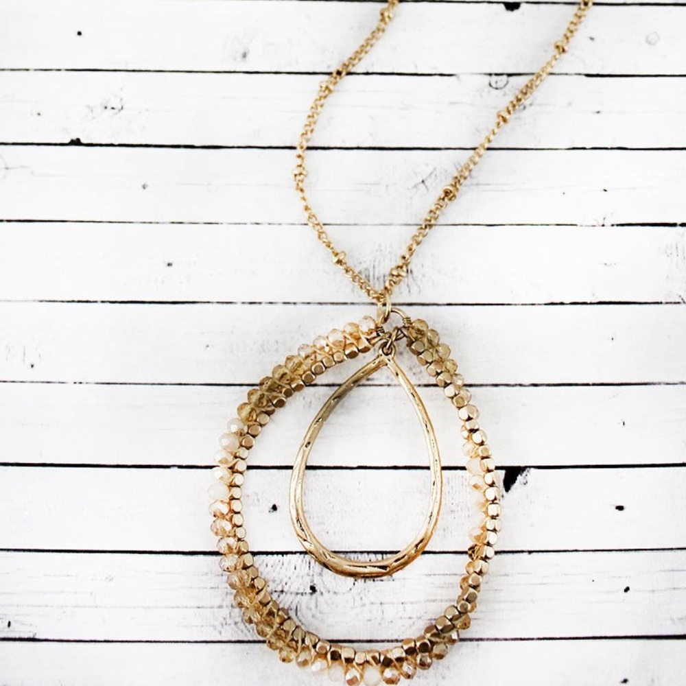 2/$15- IVORY GLASS BEAD GOLDTONE TEARDROP NECKLACE